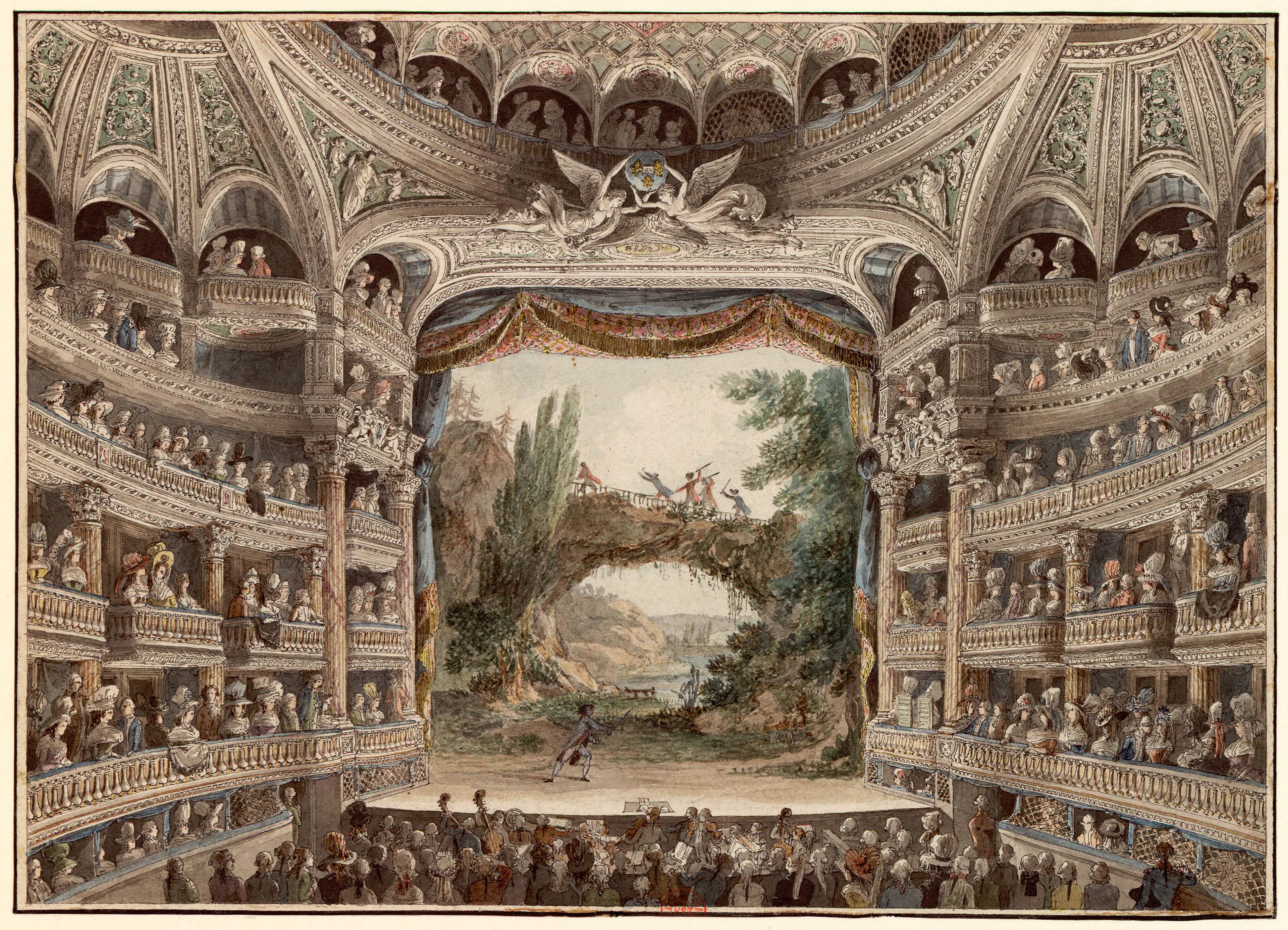 A plateia da Comédie-Française — a 'Maison de Molière' — em gravura do século XVIII